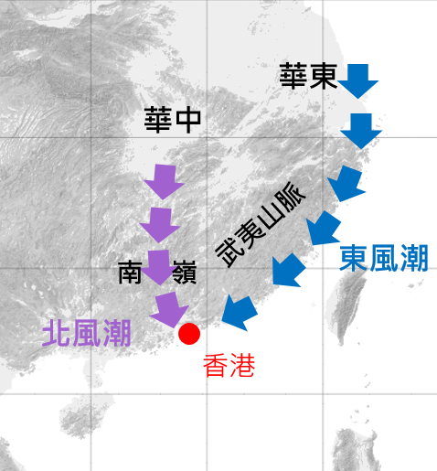 地面冷空氣從華中或華東南下的兩條主要路徑